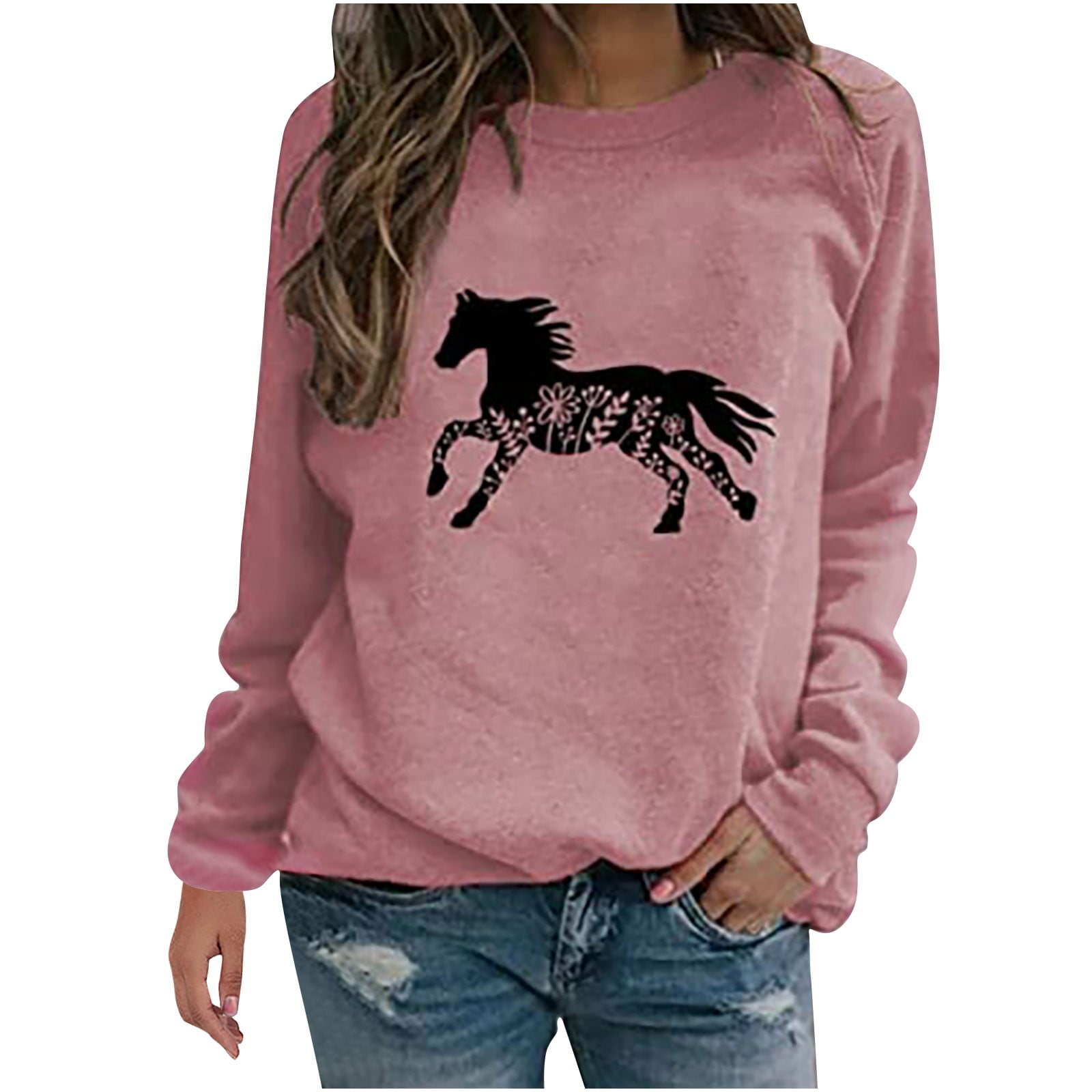 FAVIPT Womens Shirts Long Sleeve Horse Print Sweatshirts Graphic Casual Novelty Sweatshirts