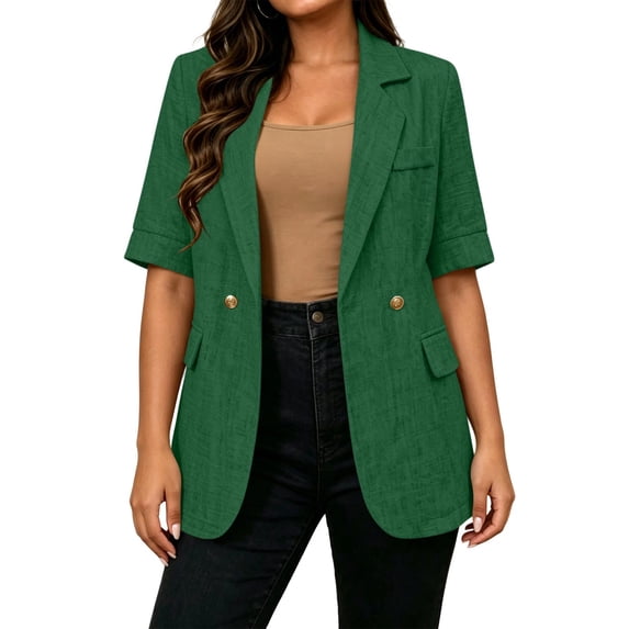 FAVIPT Womens Short Sleeve Blazer Lightweight Business Casual Dressy Workwear Notch Lapel Solid Open Front Suit Jackets without Pockets Green,M