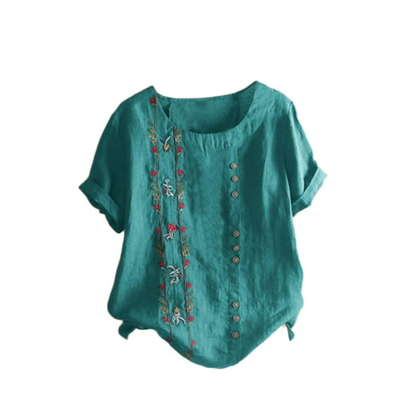 FAVIPT Womens Short Sleeve Linen Shirt Casual Fashion Summer 2025 Shirts Boho Floral Print Tunic Tees Round Neck Button Up Blouses Green,XXXL