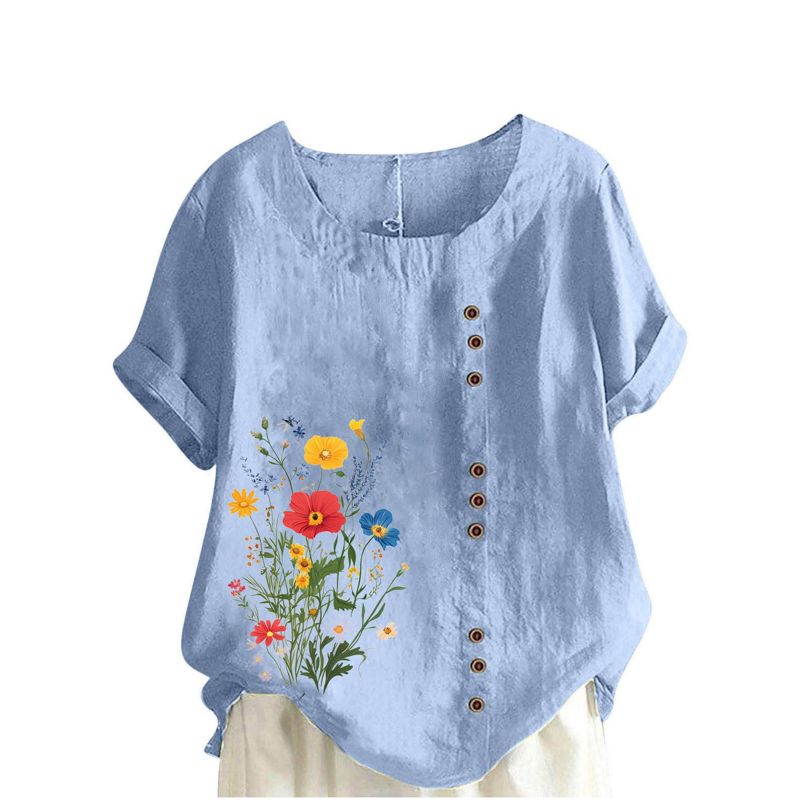 FAVIPT Womens Short Sleeve Linen Shirt Petite Crew Neck Buttons Tops ...