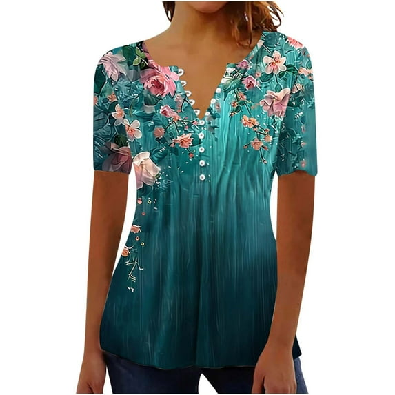 FAVIPT Womens Short Sleeve Shirts for Summer Button Up V Neck Tops Vintage Floral Print Boho Soft Blouses Front Pleated Casual 2025 Tees Multicolor,L