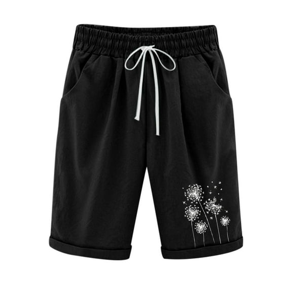 FAVIPT Womens Shorts Trendy 2024,Ladies Bermuda Shorts Cotton Shorts for Women Plus Size Dandelion Print Loose Fit Knee Length Bermuda Shorts Lounge Shorts with Pockets,Black,M
