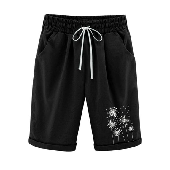 FAVIPT Womens Shorts Trendy 2024,Ladies Bermuda Shorts Cotton Shorts for Women Plus Size Dandelion Print Loose Fit Knee Length Bermuda Shorts Lounge Shorts with Pockets,Black,M