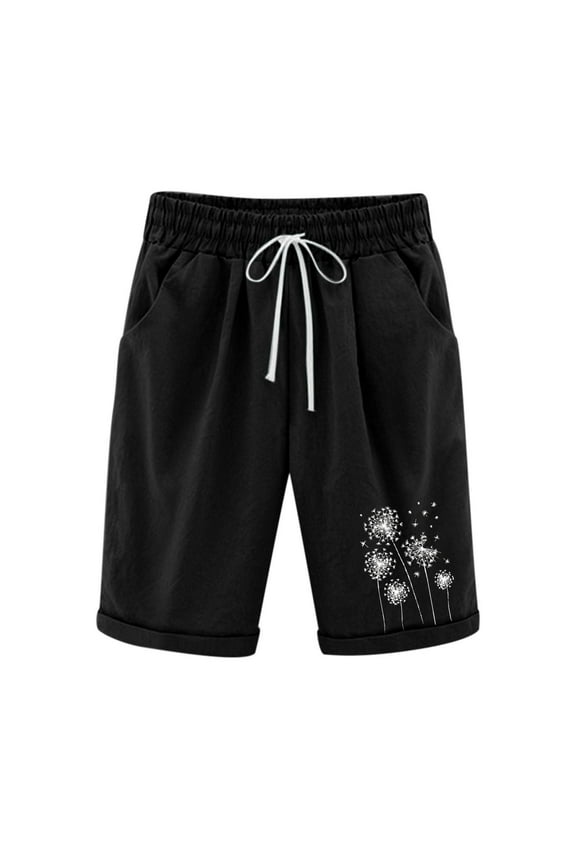 Womens Shorts Trendy 2024,Ladies Bermuda Shorts Cotton Shorts for Women Plus Size Dandelion Print Loose Fit Knee Length Bermuda Shorts Lounge Shorts with Pockets,Black,M
