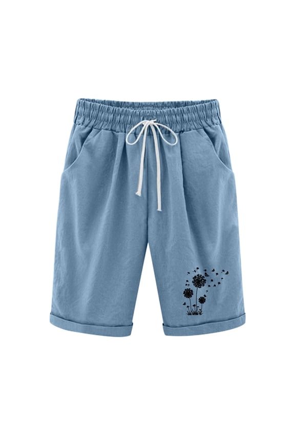 Women Summer Bermuda Shorts with Pockets Dandelion Print High Waist Knee Length Five Point Shorts Pants Drawstring