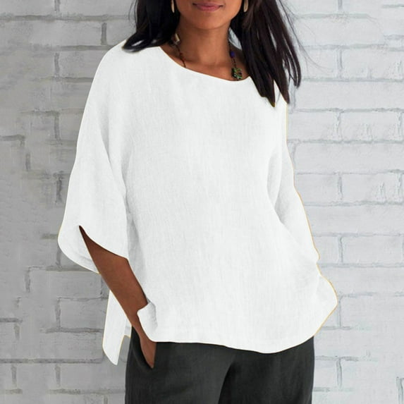 FAVIPT Womens Solid Color 3/4 Sleeve Tops,Linen Shirts for Women 3/4 Sleeve Crewneck Oversized T Shirts Loose Casual Blouses Lightweight Summer Tops 2024