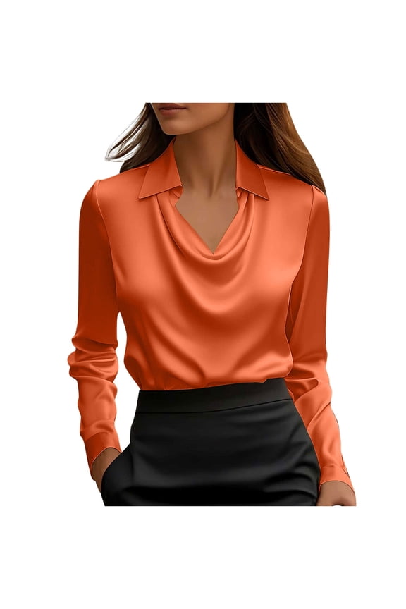 Womens Solid Satin Office Shirt Cowl Neck Long Sleeve Drape tops Lapel Elegant Dressy Casual Blouse Orange,S