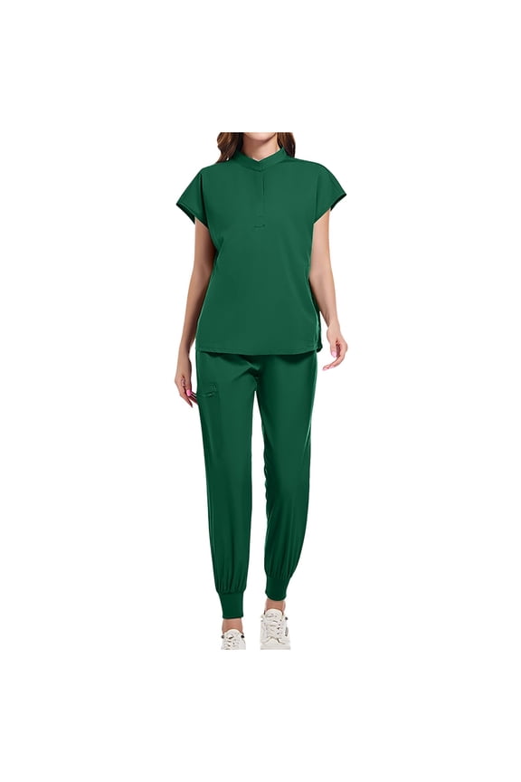 Womens Stretch Nurse Scrub Set Short Sleeve Crew Neck Blouses Relaxed Fit Jogger Pant with Pockets Uniform Green,S