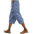 thumbnail image 1 of FAVIPT Womens Stripes Cotton Linen Capris Drawstring Side Buttons Summer Capris Elastic Waist Casual Capri with Pockets Blue,L, 1 of 8