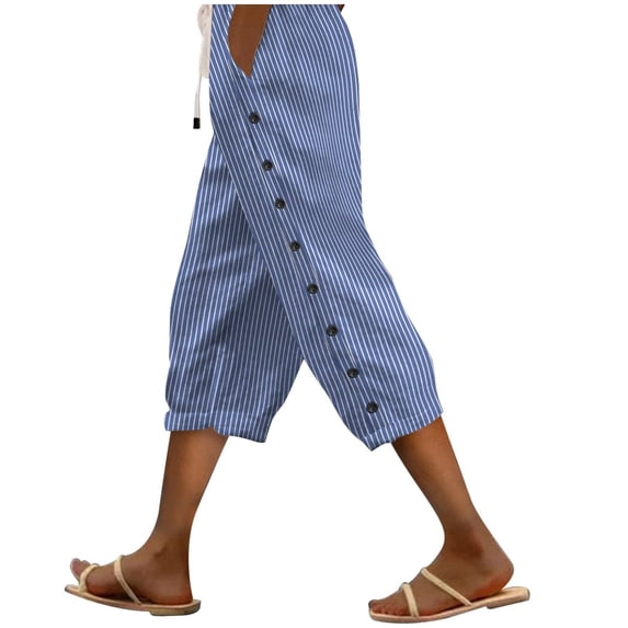 FAVIPT Womens Stripes Cotton Linen Capris Drawstring Side Buttons Summer Capris Elastic Waist Casual Capri with Pockets Blue,L