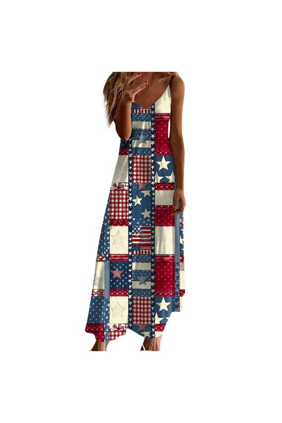 Womens Summer Dresses 4th of July Patriotic Print Long Dresses Spaghetti Straps V Neck Maxi Dress Casual 2025 Red,S
