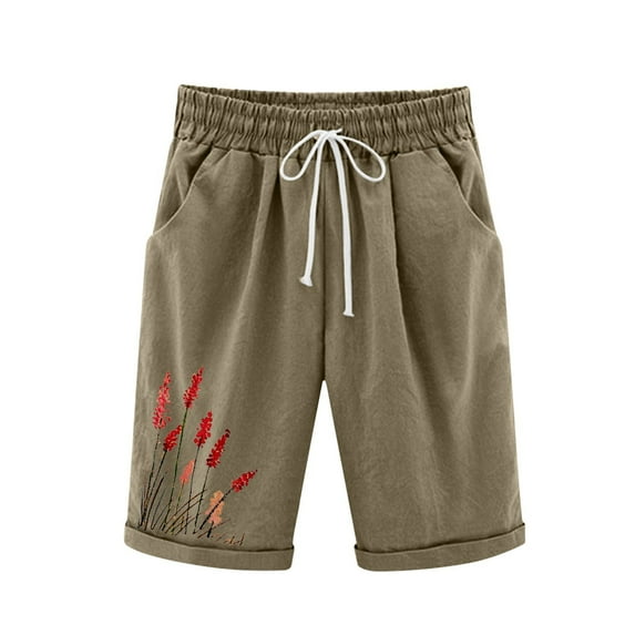 FAVIPT Womens Summer Fashion 2024 Shorts,Bermuda Shorts for Women Stretchy Knee Length Sweat Jersey Athletic Shorts Long Cotton Lounge Shorts with Pockets,Khaki,L