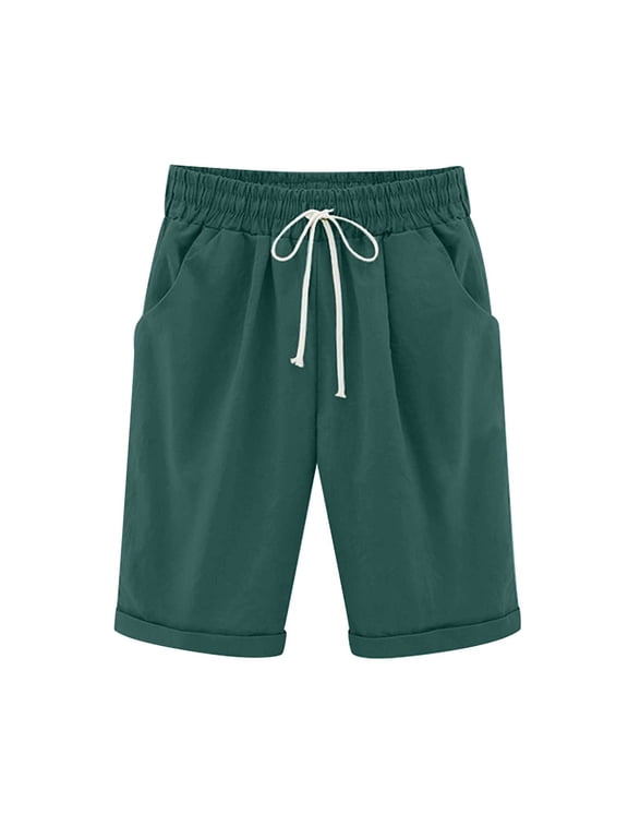Womens Summer Shorts 2024,Bermuda Shorts for Women Knee Length Long Cotton Sweat Knit Shorts Pull On Walking Lounge Shorts with Pocket,Army Green,XL