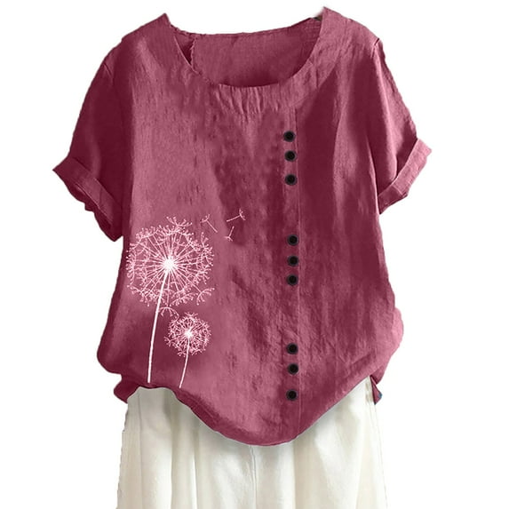 FAVIPT Womens Summer Tops Casual Cotton Linen T-Shirts Short Sleeve Crew Neck Buttons Blouses Floral Print Basic Camp Tunic Tees 2025 Hot Pink,XXXXL