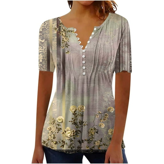 FAVIPT Womens Summer Tshirt Button Up V Neck Tops Vintage Floral Print Boho Soft Blouses Short Sleeve Front Pleated Tees 2025 Yellow,M