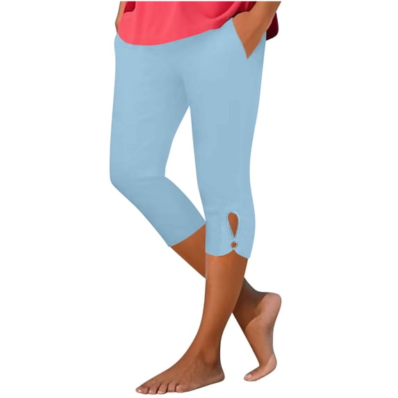 FAVIPT Womens Summer Yoga Capris High Waisted Tummy Control Solid Leggings Stretchy Workout Slim Fitted Capri Pants with Pockets Sky Blue,M
