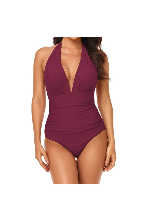 Womens Swimsuits One Piece with Chest Pad Bathing Suits Tummy Control Monokini Bikini Solid Slimming Halter V Neck Swimsuits