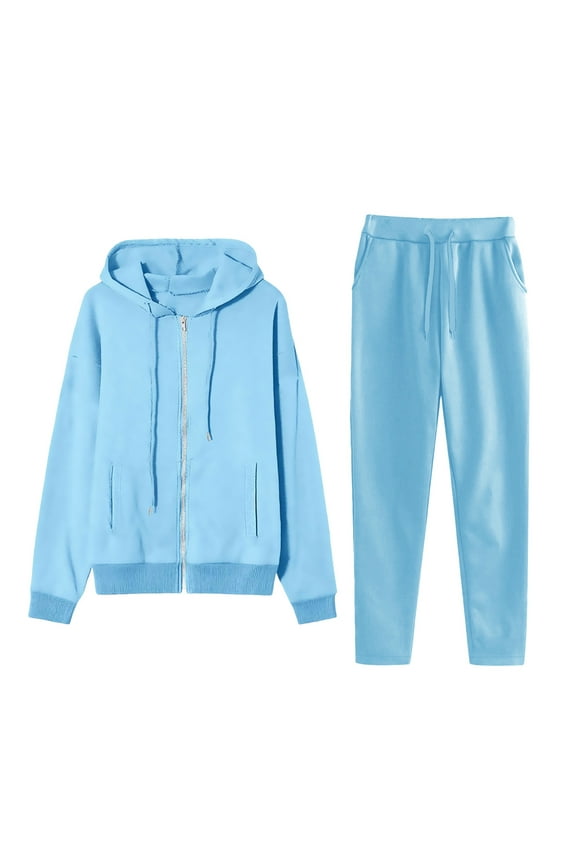 Womens Track Suits 2 Piece Set with Hoodie Full Zip Lounge Jacket Workout Jogger Baggy Sweatpant Lounge Fall Fashion 2025 Sweatsuit with Pockets Light Blue,XL