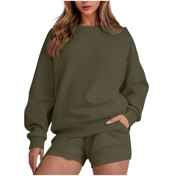 FAVIPT Womens Two Piece Shorts and Top Set Long Sleeve Crew Neck Oversized Tops Workout Pockets Shorts Tracksuit Matching Casual Lounge Set Army Green,L