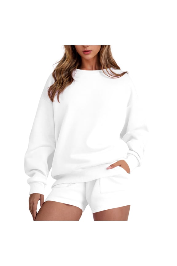 Womens Two Piece Shorts and Top Set Long Sleeve Crew Neck Oversized Tops Workout Pockets Shorts Tracksuit Matching Casual Lounge Set White,S