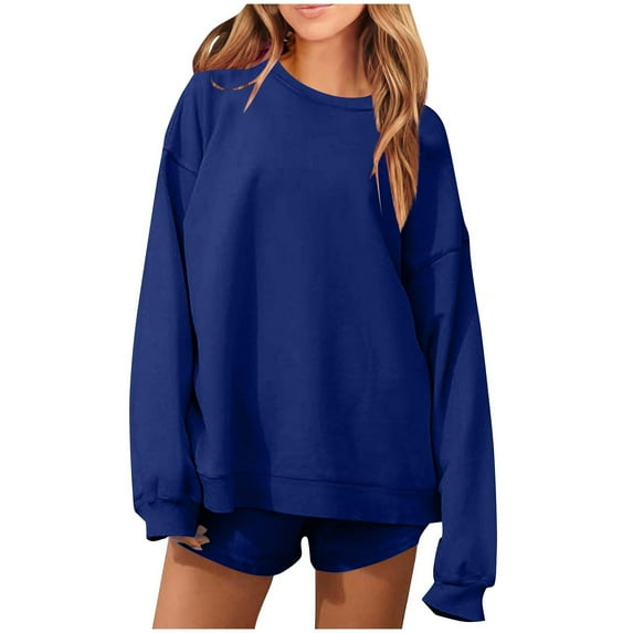 FAVIPT Womens Two Piece Shorts and Top Set Long Sleeve Crew Neck Oversized Tops Workout Shorts Tracksuit Matching Casual Lounge Set Blue,L