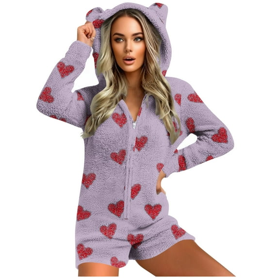 FAVIPT Womens Warm Fleece Romper Cute Printed Casual Loose Loungewear Sherpa Lined Winter Cozy Jumpsuit Zipped Ear Hoodies Sleepwear 2025 Purple,XL