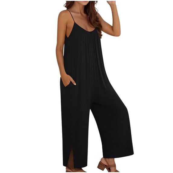 FAVIPT Womens Wide Leg Jumpsuits Vacation Straps Casual Romper Backless Plain One Piece Overalls with Pocket Black,M