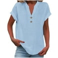 thumbnail image 1 of FAVIPT Womens's Shirts and Blouses Linen Plus 2025 Trendy Short Sleeve Cotton Linen Shirt Solid Color Casual Button V Neck Tunic Blouses Sky Blue,XXXL, 1 of 6