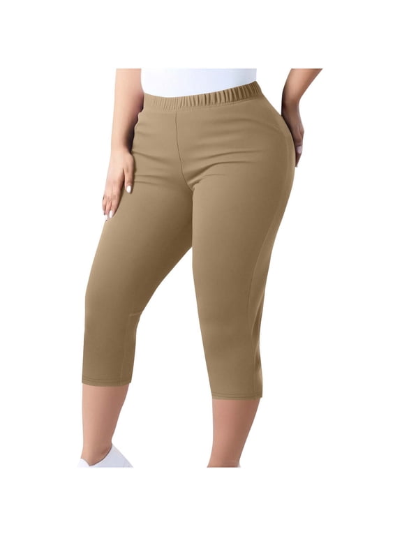 Yoga Capri Leggings for Women High Waisted Tummy Control Solid Capris Stretchy Soft Workout Gym Cropped Pants Khaki,XXL