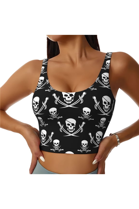 Pirate skulls Pattern Sports Bra for Women,Padded Strappy Sports Bras Medium Support Yoga Bra with Removable Cups,Running Yoga Bra-Large