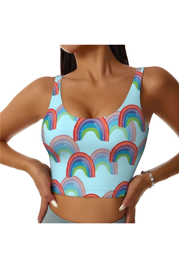 colorful rainbow Pattern Sports Bra for Women,Padded Strappy Sports Bras Medium Support Yoga Bra with Removable Cups,Running Yoga Bra-Large