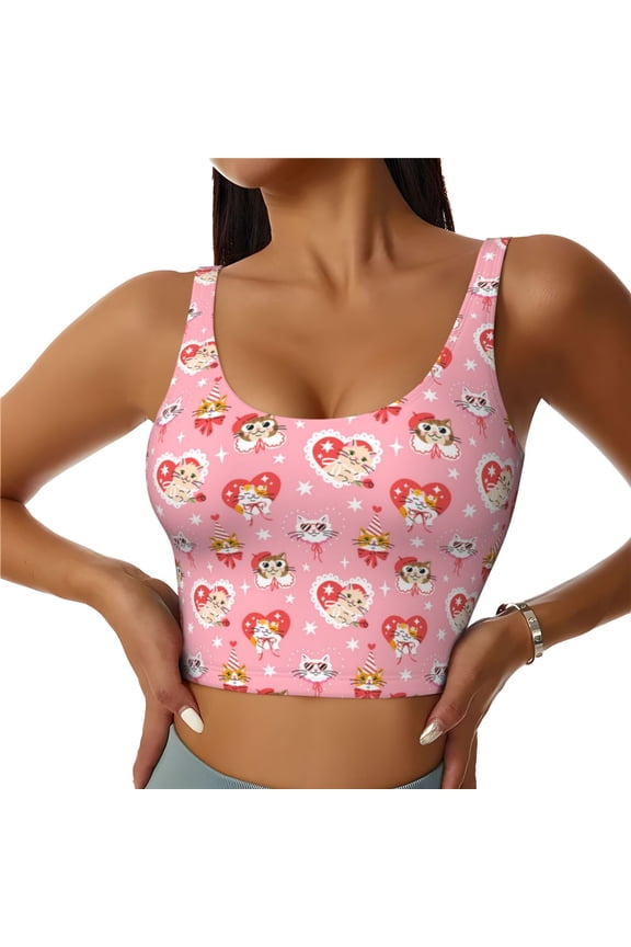 Cute cartoon cats Pattern Sports Bra for Women,Padded Strappy Sports Bras Medium Support Yoga Bra with Removable Cups,Running Yoga Bra-Small