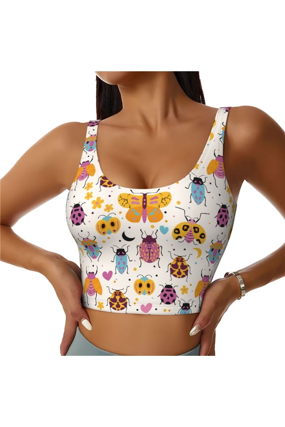 cute bugs Pattern Sports Bra for Women,Padded Strappy Sports Bras Medium Support Yoga Bra with Removable Cups,Running Yoga Bra-Small