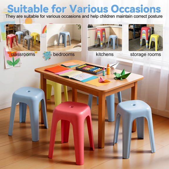 FAWMBEWT 17" Plastic Stackable Stools – Set of 6 or 8, Nesting Backless Chairs for Classroom, Home, Office