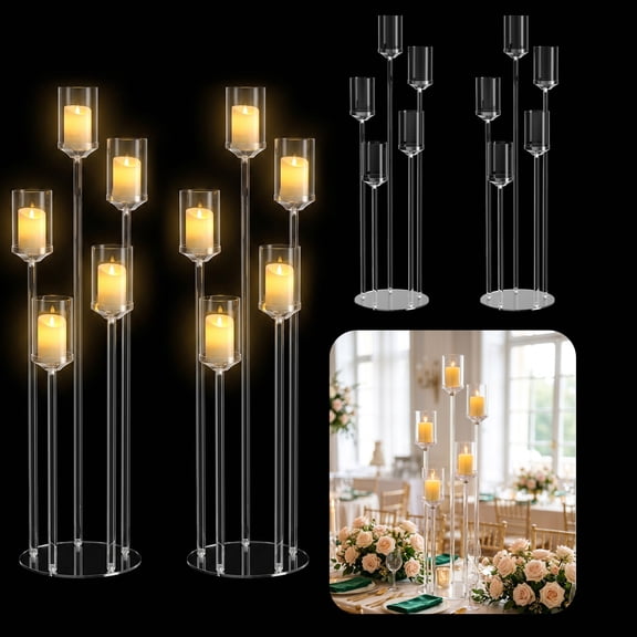 FAWMBEWT 4-Pack Acrylic Candelabra Set – 3/5 Arm Clear LED Candle Holder for Wedding Table Centerpiece