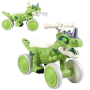 FAWMBEWT Dinosaur Balance Bike for 1-3 Year Olds   4-Wheel Toddler Scooter with Music & Mist, No-Pedal Training Bike