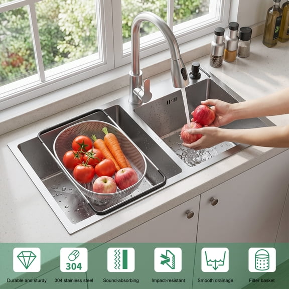 FAWMBEWT Double Bowl Kitchen Sink – 30.7"x16.9" Stainless Steel, Drop-in/Top-Mount, with Drain Assembly