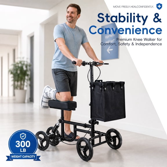 FAWMBEWT Knee Scooter for Adults – Foldable Adjustable Knee Walker, Crutch Alternative with Storage Basket, 300 lbs Capacity for Foot Surgery Recovery