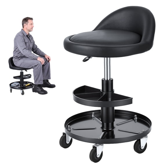 FAWMBEWT Rolling Shop Stool with Backrest Height Adjustable Garage Mechanic Chair, 300 lbs Capacity, Swivel Seat with Storage Tray