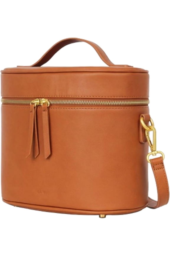 The Train Case, Faux Leather Skin Care Brown Makeup Bag with Adjustable Messenger Strap, Travel Toiletry Bag 4 Elastic Band Holders, 5 Interior Pockets and 1 Zipper Pocket, 10x6x8 inches