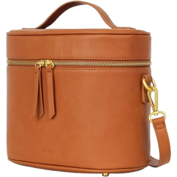 FAWN DESIGN The Train Case, Faux Leather Skin Care Brown Makeup Bag with Adjustable Messenger Strap, Travel Toiletry Bag 4 Elastic Band Holders, 5 Interior Pockets and 1 Zipper Pocket, 10x6x8 inches