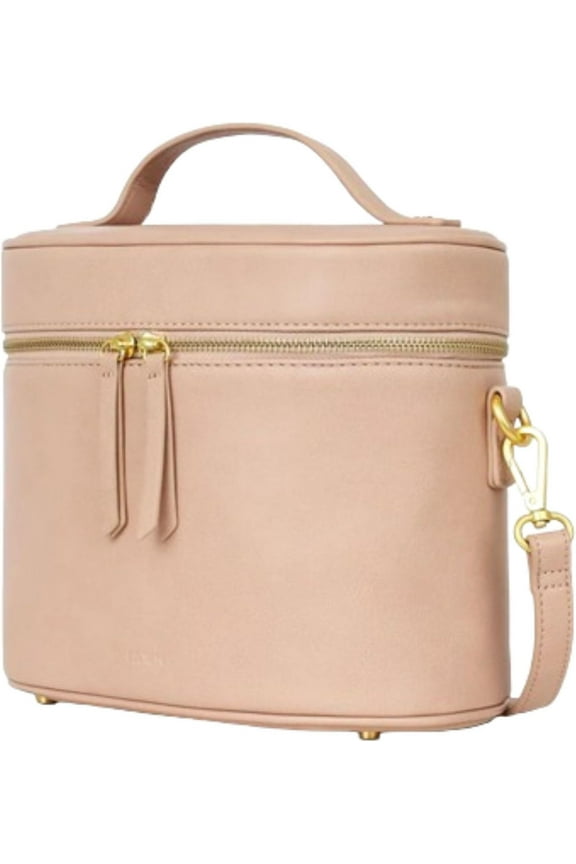 The Train Case, Faux Leather Skin Care Pink Makeup Bag with Adjustable Messenger Strap, Travel Toiletry Bag 4 Elastic Band Holders, 5 Interior Pockets and 1 Zipper Pocket, 10x6x8 inches