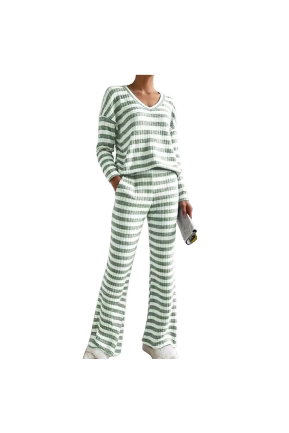 2 Piece Lounge Sets for Women Fall Sweatsuits Striped Ribbed Knit Sweater Sets Matching Set Travel Tracksuit