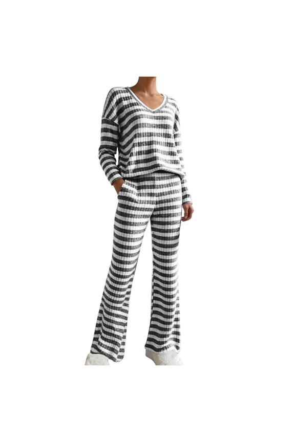 2 Piece Lounge Sets for Women Fall Sweatsuits Striped Ribbed Knit Sweater Sets Matching Set Travel Tracksuit