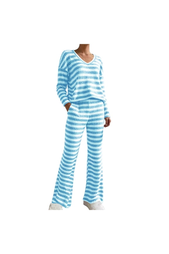 2 Piece Lounge Sets for Women Fall Sweatsuits Striped Ribbed Knit Sweater Sets Matching Set Travel Tracksuit