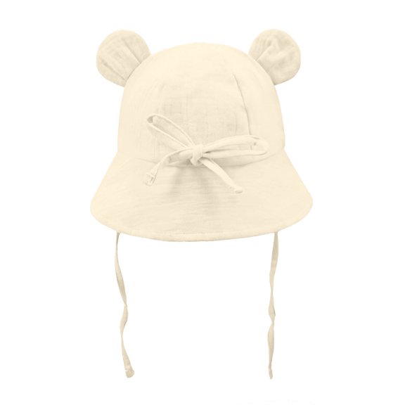 FAWUUDO Baby Bear Ears Bucket Hat Cotton Solid Color Sun Hat with Chin Strap for Toddler Girls Boys Beach Outdoor