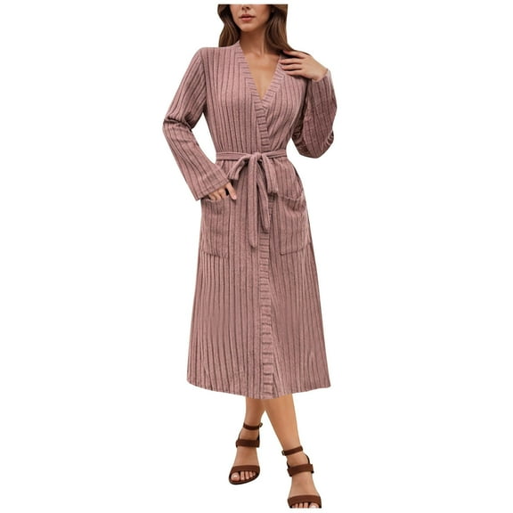 FAWUUDO Bathrobe for Women Long Flannel Nightgown with Pocket Thickened Home Wearing Solid Long Sleeve Pajamas Rose Gold