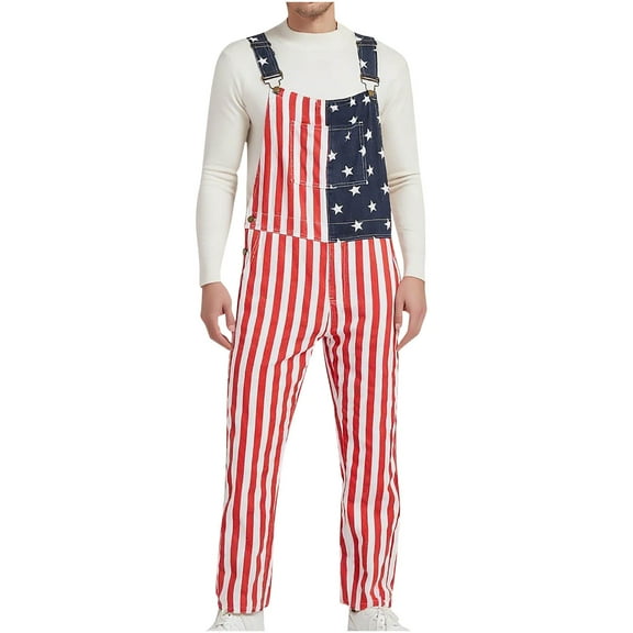 FAWUUDO Bib Overalls for Men Adjustable Straps Jumpsuit Striped Women Coveralls with Pockets Red