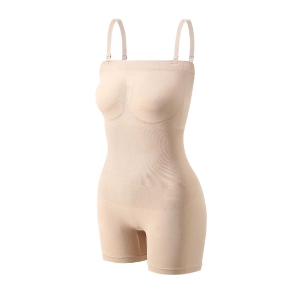 FAWUUDO Bodysuit Shapewear for Women Solid Color Thigh Length Seamless Pull On Bodysuit V Neck Sleeveless Shapewear Stretchy Body Shaper B-Beige