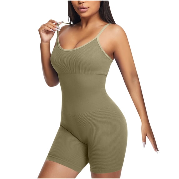 FAWUUDO Bodysuit Shapewear for Women Solid Color Thigh Length Seamless Pull On Bodysuit V Neck Sleeveless Shapewear Stretchy Body Shaper E-Green